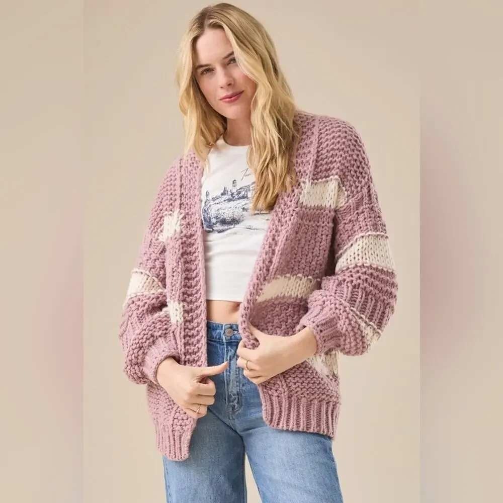 Altar'd State Cardigan S Mauve Cream Striped Chunky Knit Oversize Balloon Sleeve